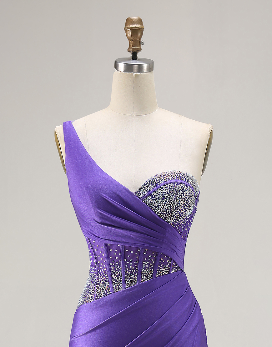 Sparkly Dark Purple Corset One Shoulder Long Prom Dress with Beading