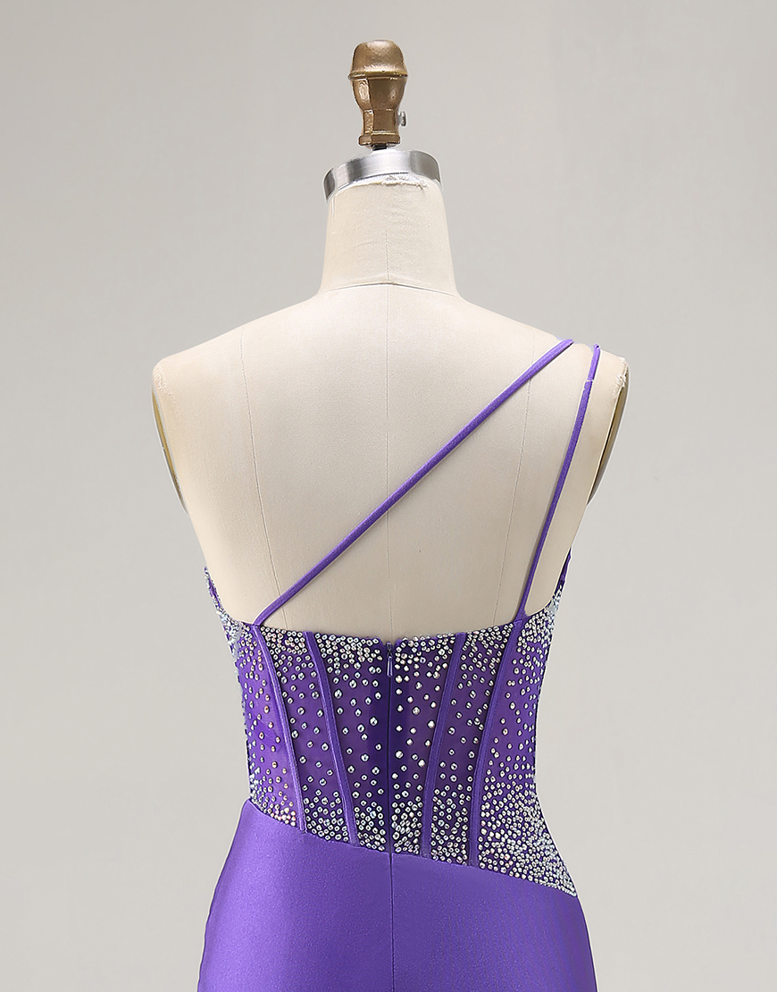Sparkly Dark Purple Corset One Shoulder Long Prom Dress with Beading