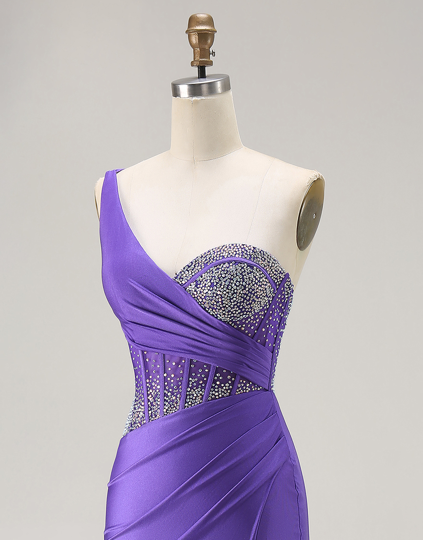 Sparkly Dark Purple Corset One Shoulder Long Prom Dress with Beading