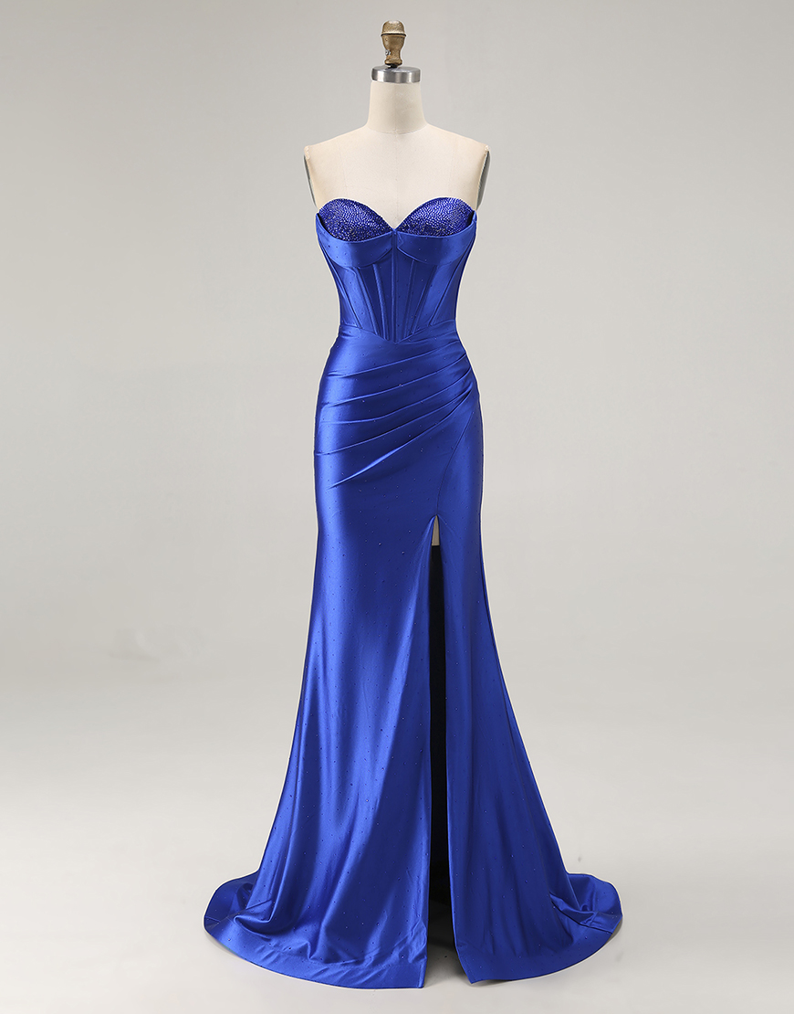 Sparkly Royal Blue Mermaid Corset Satin Long Prom Dress with Slit
