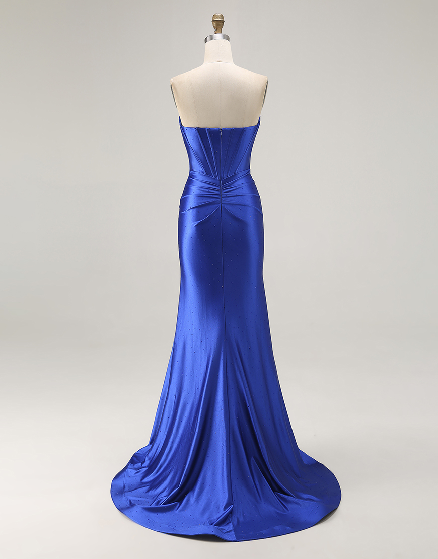 Sparkly Royal Blue Mermaid Corset Satin Long Prom Dress with Slit