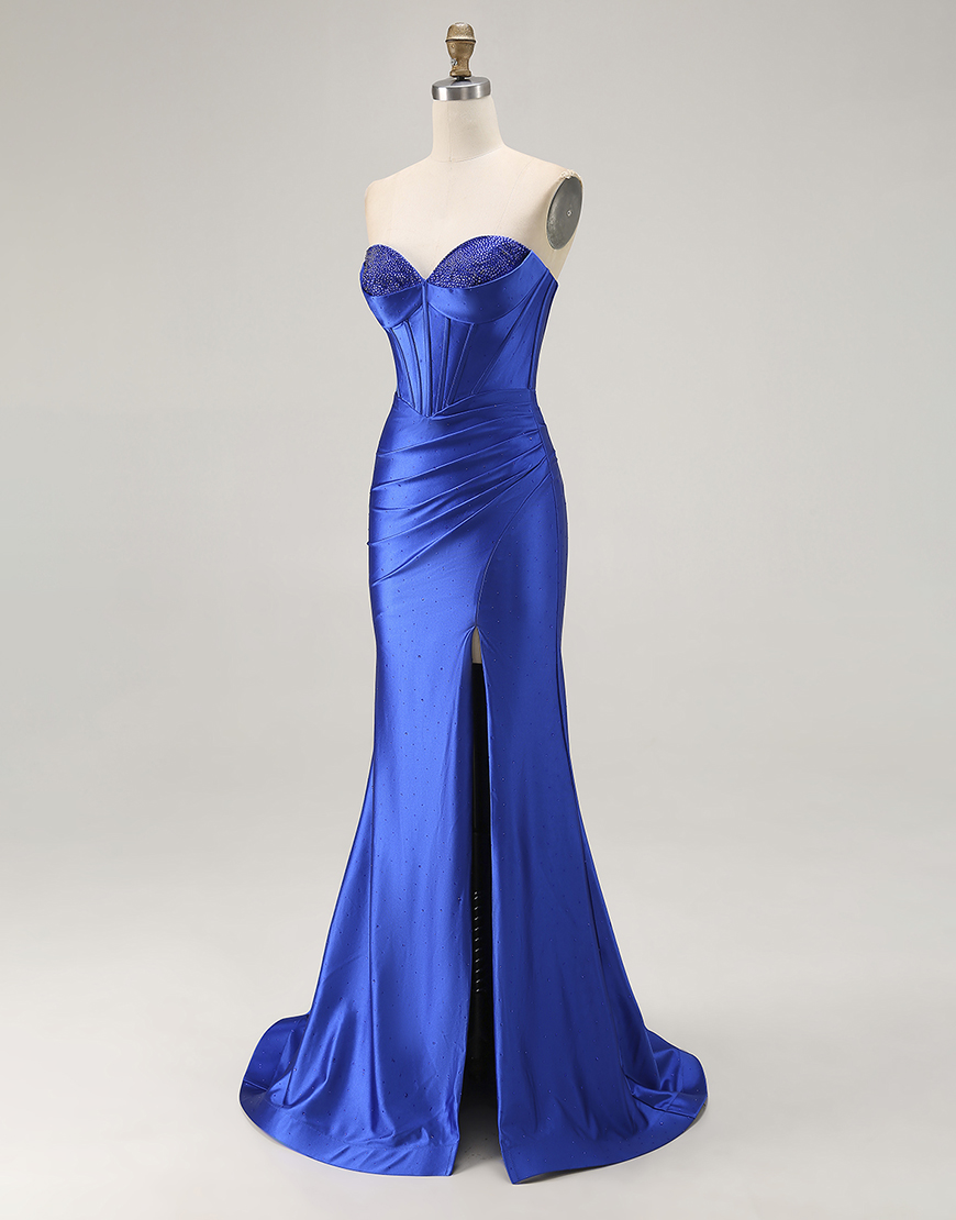 Sparkly Royal Blue Mermaid Corset Satin Long Prom Dress with Slit