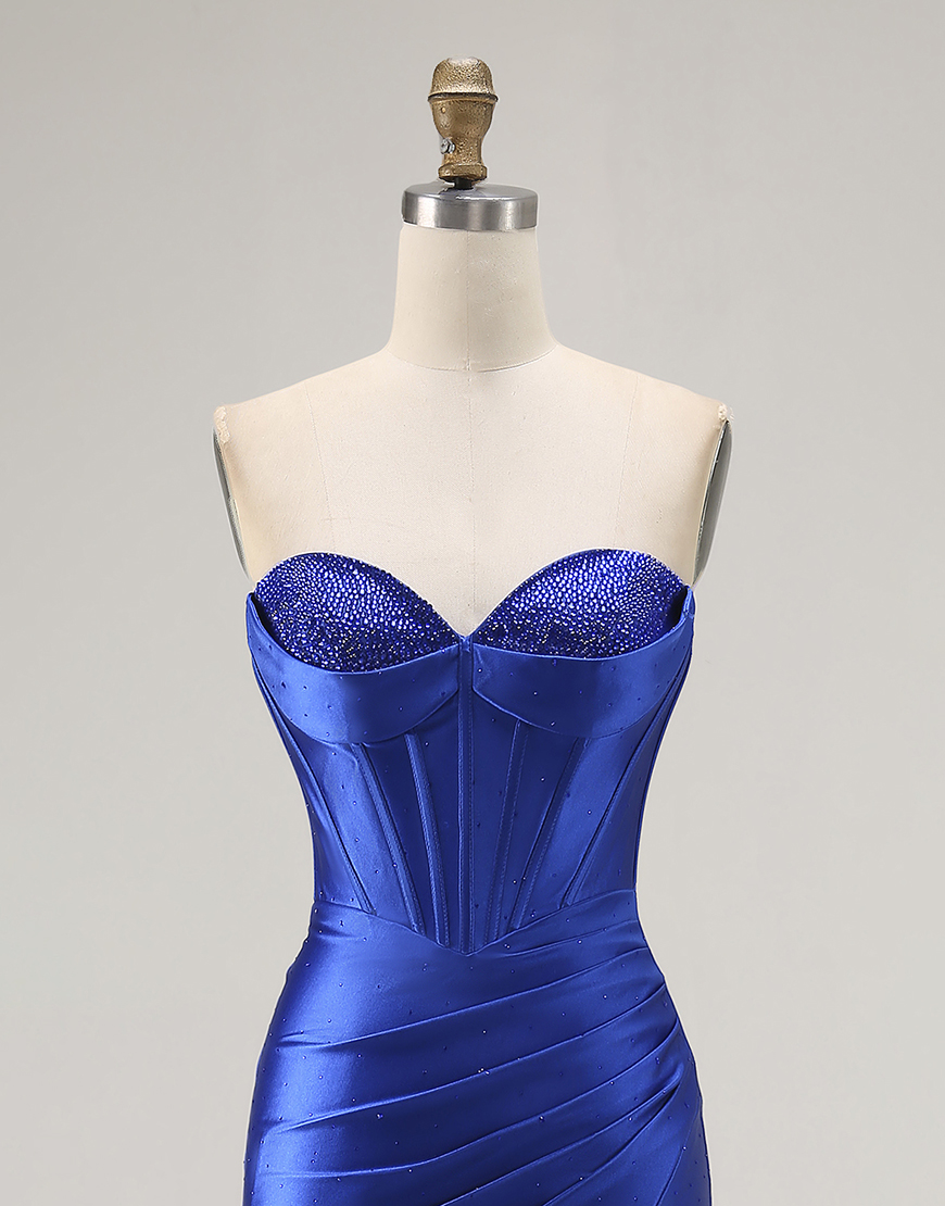 Sparkly Royal Blue Mermaid Corset Satin Long Prom Dress with Slit