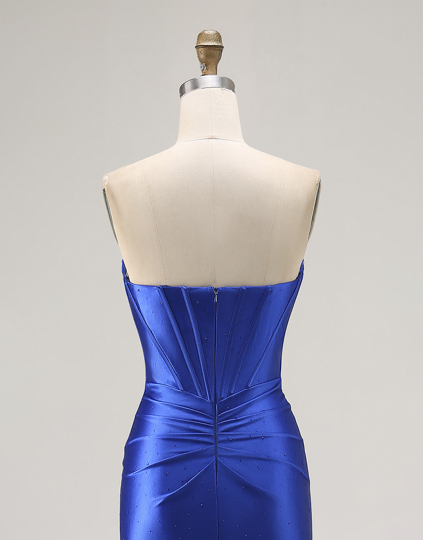 Sparkly Royal Blue Mermaid Corset Satin Long Prom Dress with Slit