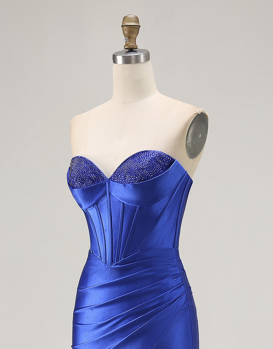Sparkly Royal Blue Mermaid Corset Satin Long Prom Dress with Slit