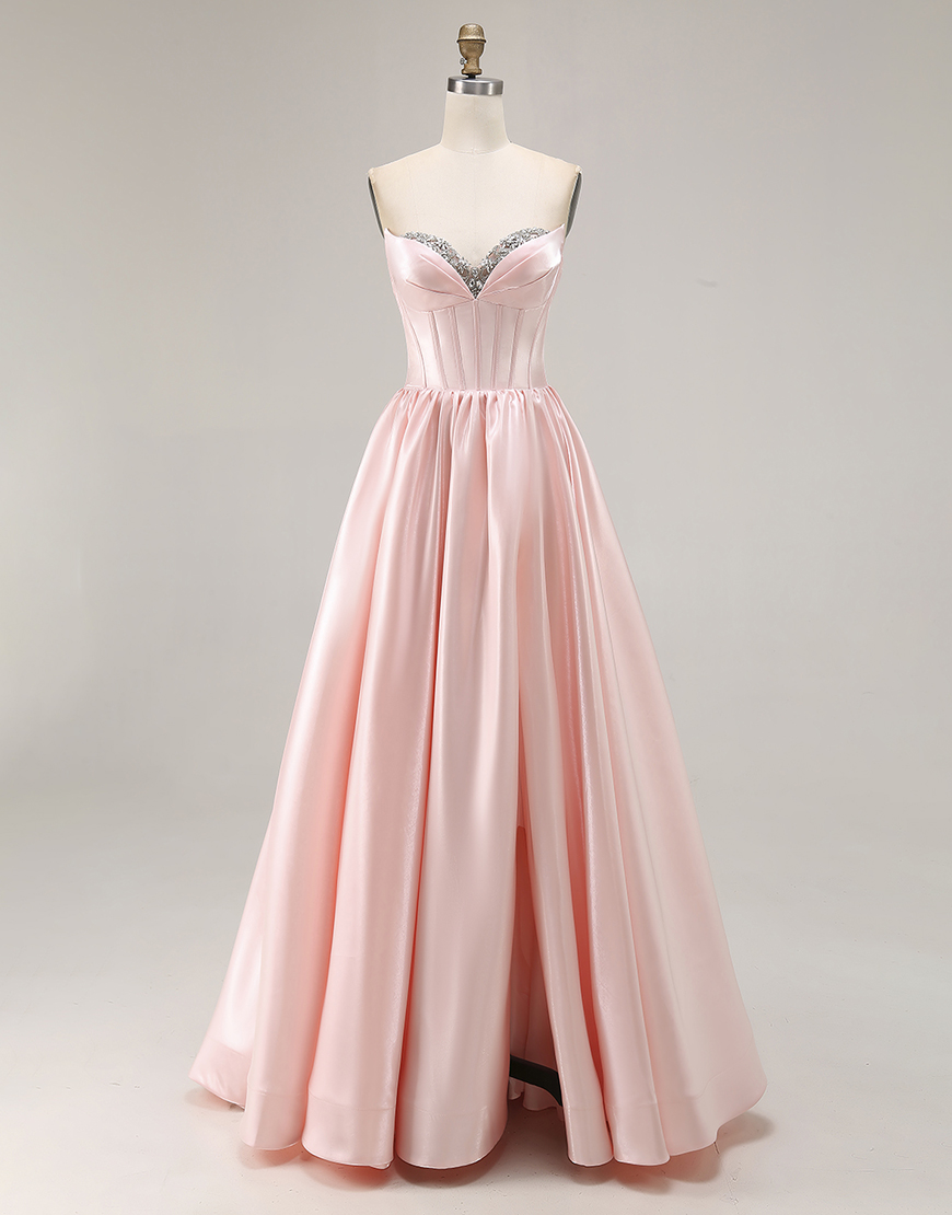 Sparkly Pink A Line Sweetheart Satin Long Prom Dress with Slit