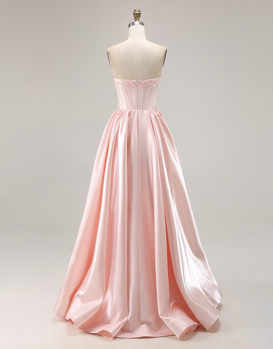 Sparkly Pink A Line Sweetheart Satin Long Prom Dress with Slit
