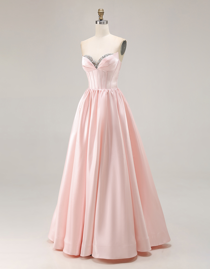 Sparkly Pink A Line Sweetheart Satin Long Prom Dress with Slit