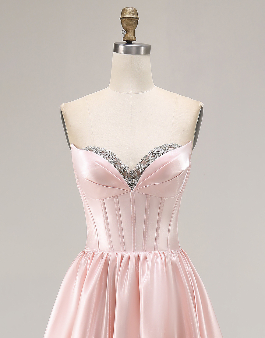 Sparkly Pink A Line Sweetheart Satin Long Prom Dress with Slit