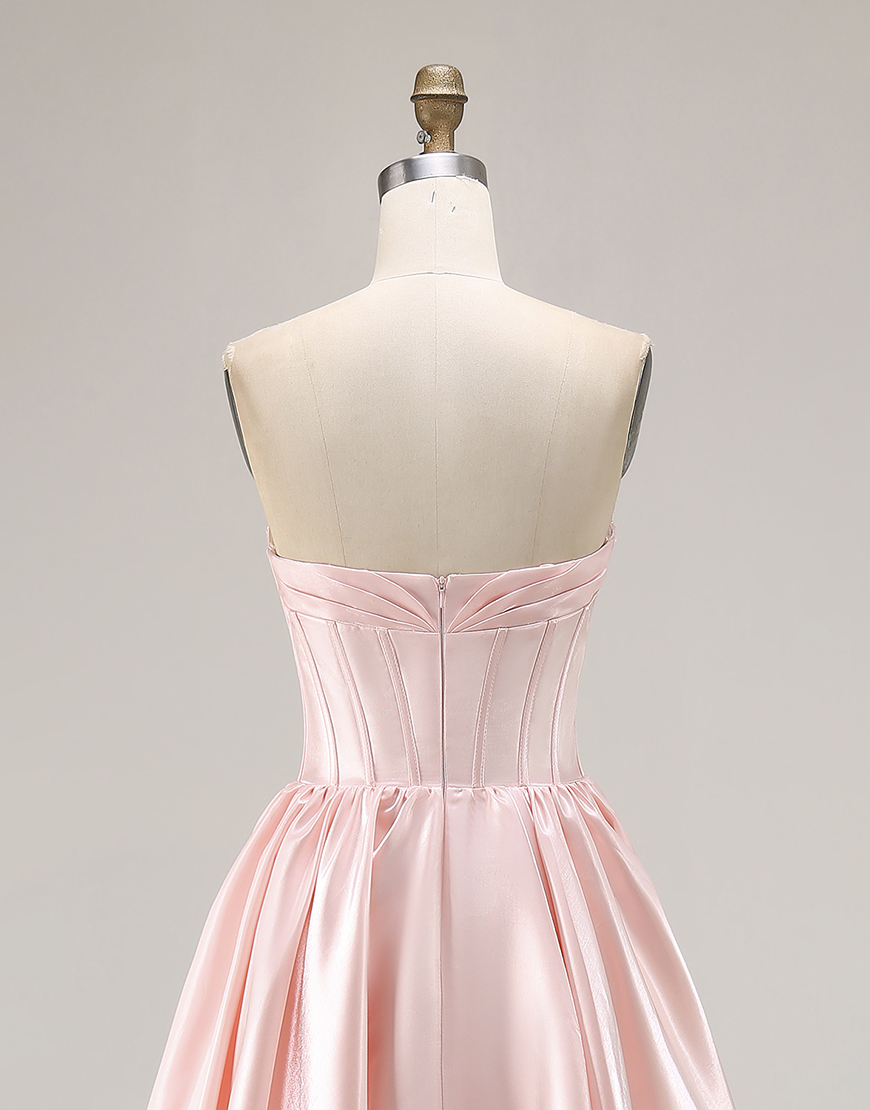 Sparkly Pink A Line Sweetheart Satin Long Prom Dress with Slit