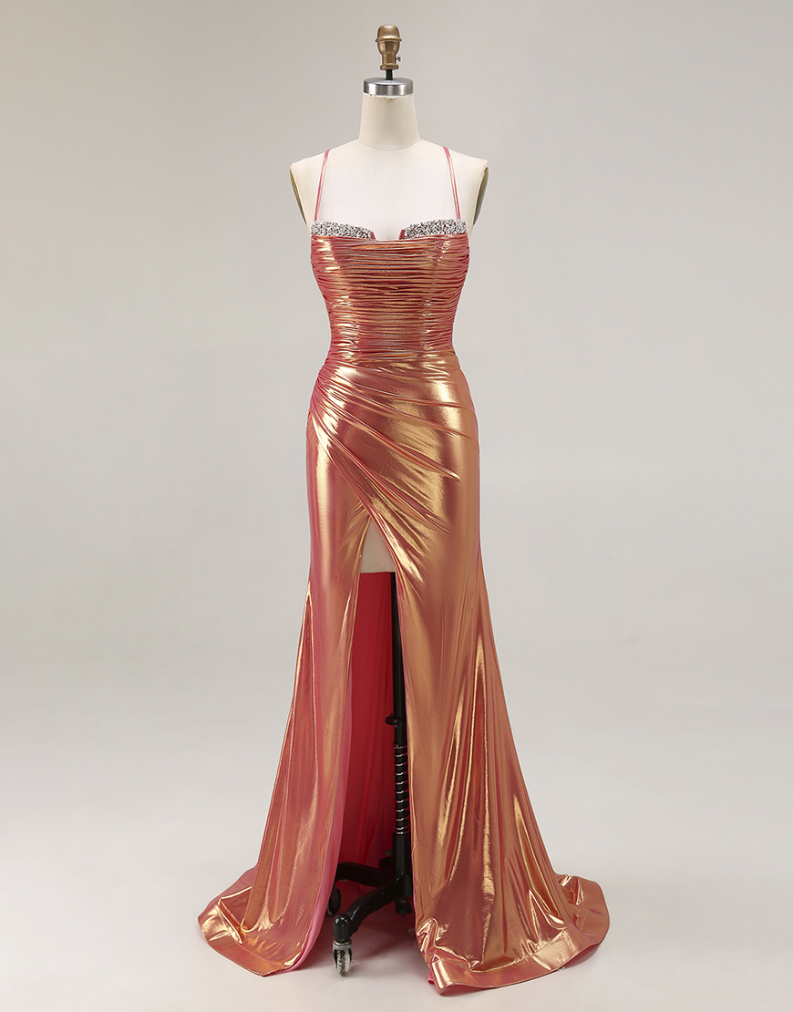 Sparkly Mermaid Orange Metallic Ruched Long Prom Dress with Slit