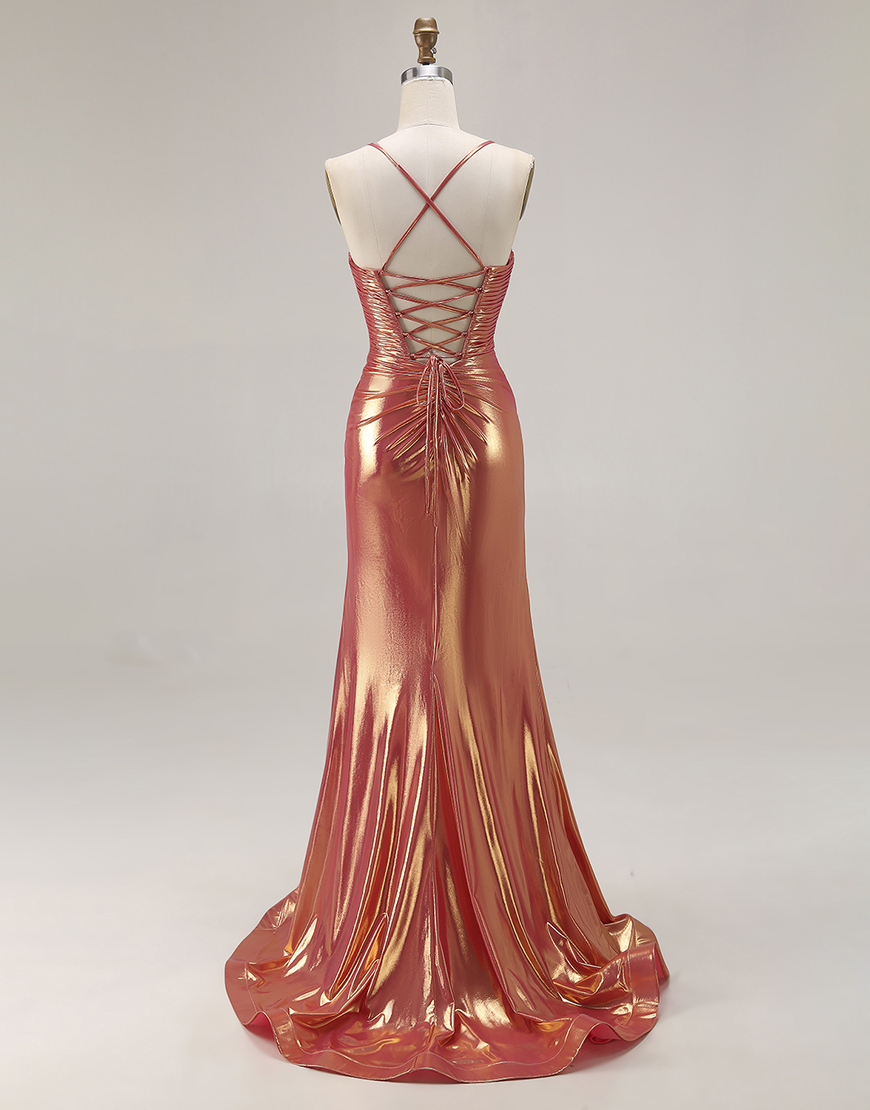 Sparkly Mermaid Orange Metallic Ruched Long Prom Dress with Slit