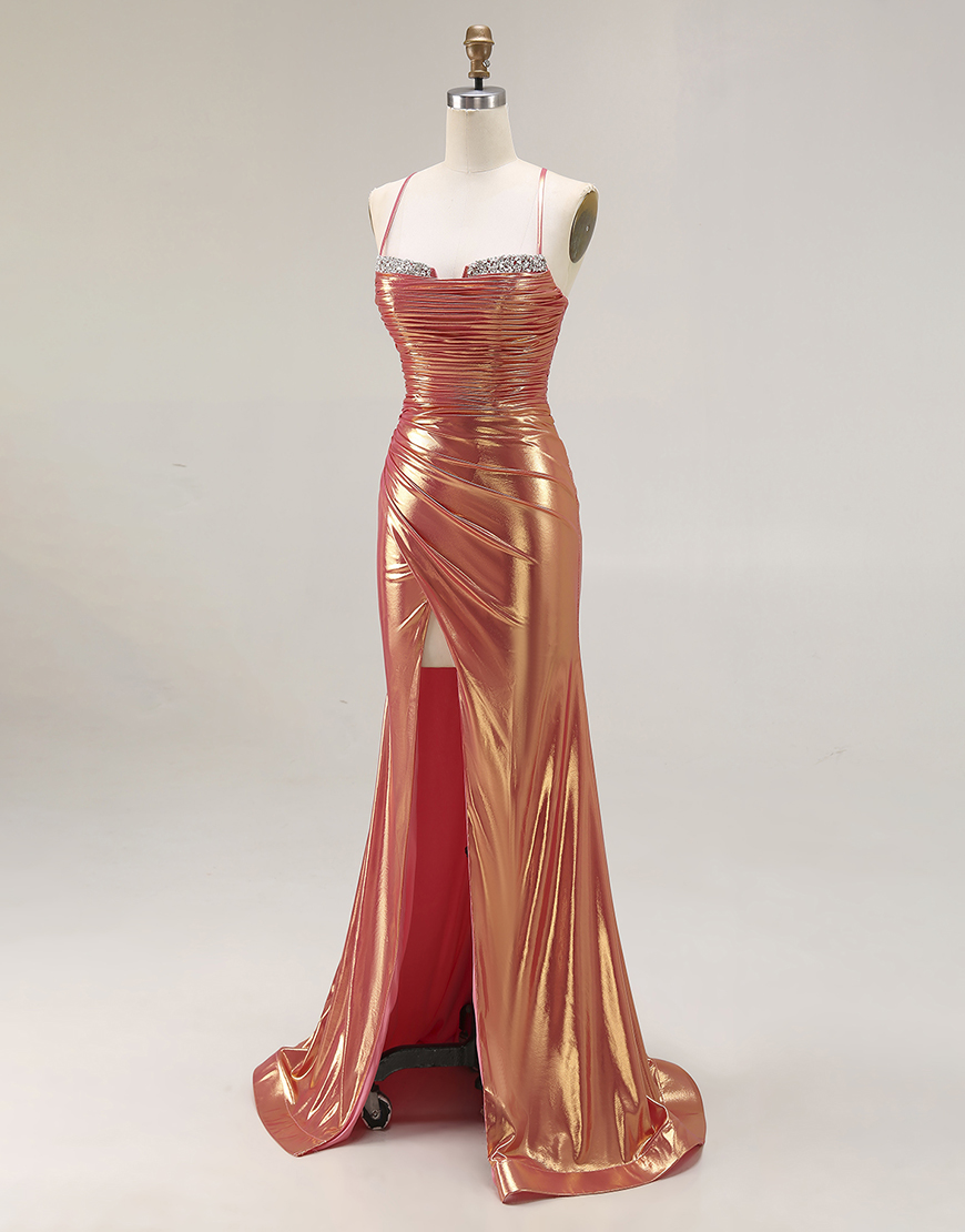 Sparkly Mermaid Orange Metallic Ruched Long Prom Dress with Slit
