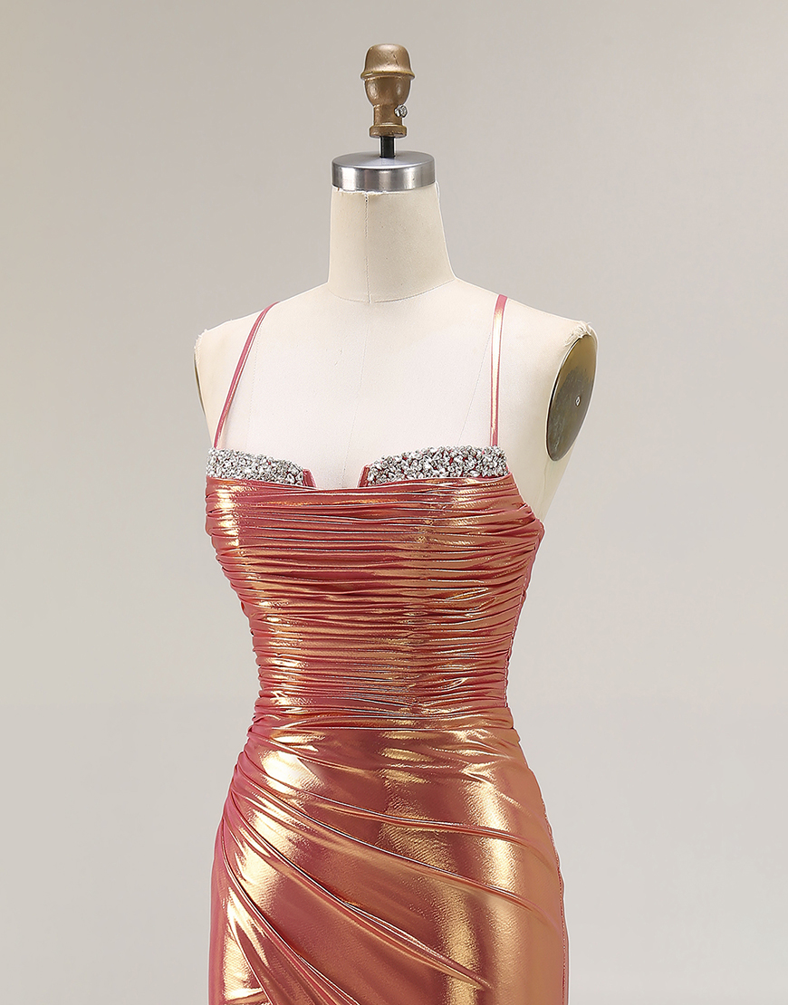 Sparkly Mermaid Orange Metallic Ruched Long Prom Dress with Slit