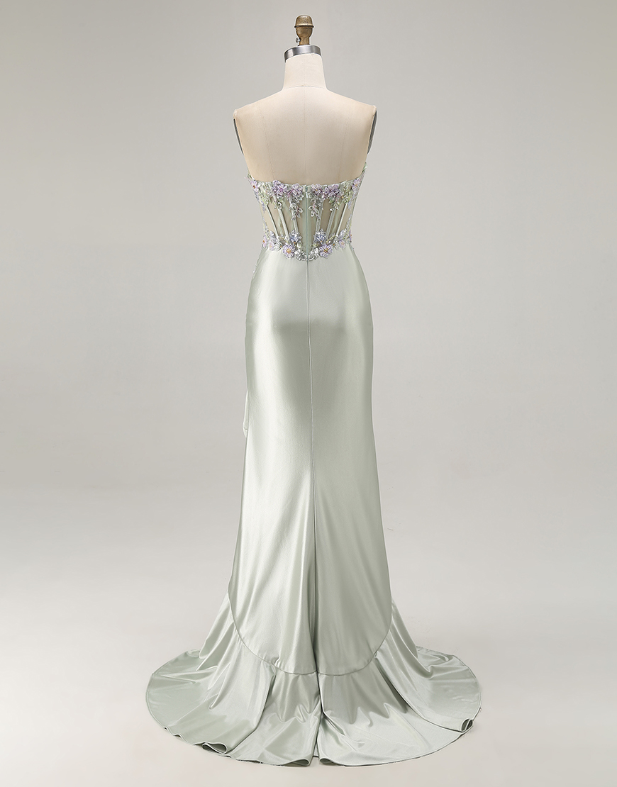 Sparkly Dusty Sage Floral Corset Sweetheart Long Prom Dress