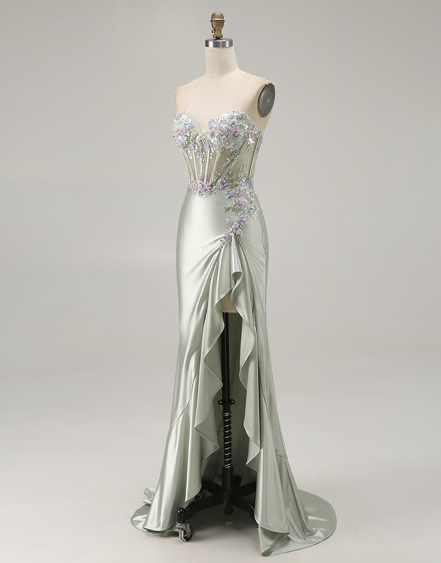 Sparkly Dusty Sage Floral Corset Sweetheart Long Prom Dress