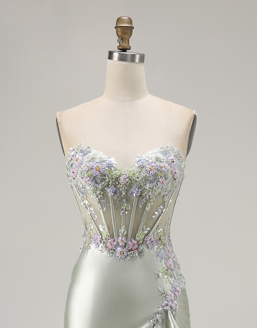 Sparkly Dusty Sage Floral Corset Sweetheart Long Prom Dress