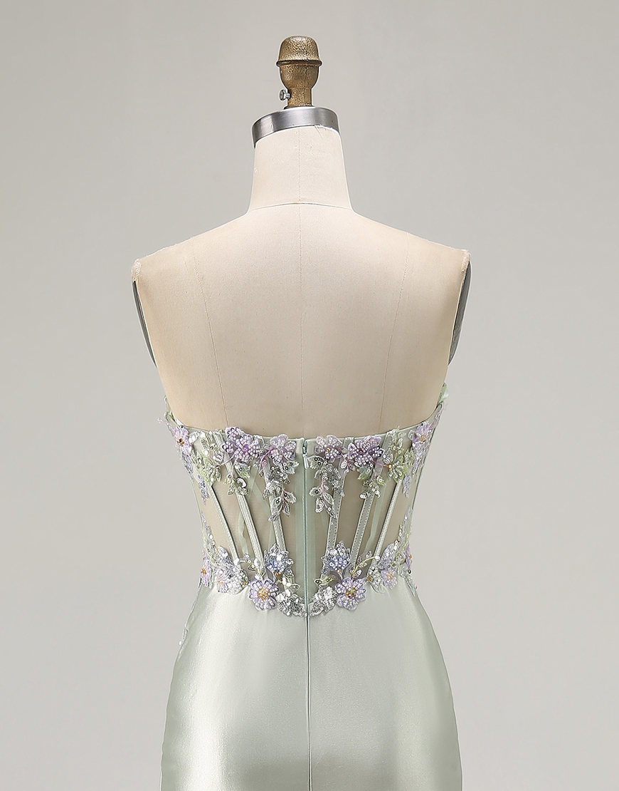 Sparkly Dusty Sage Floral Corset Sweetheart Long Prom Dress