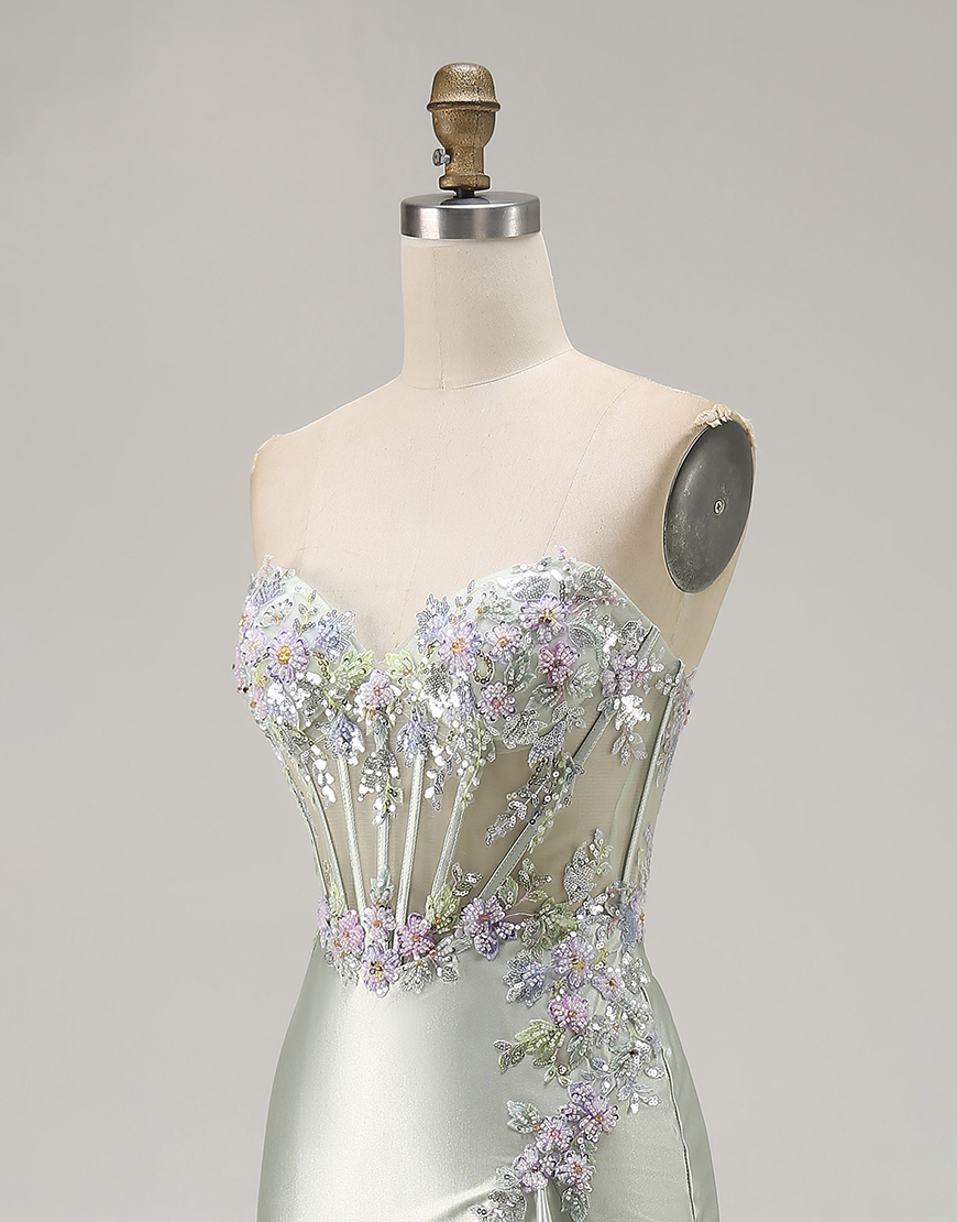 Sparkly Dusty Sage Floral Corset Sweetheart Long Prom Dress