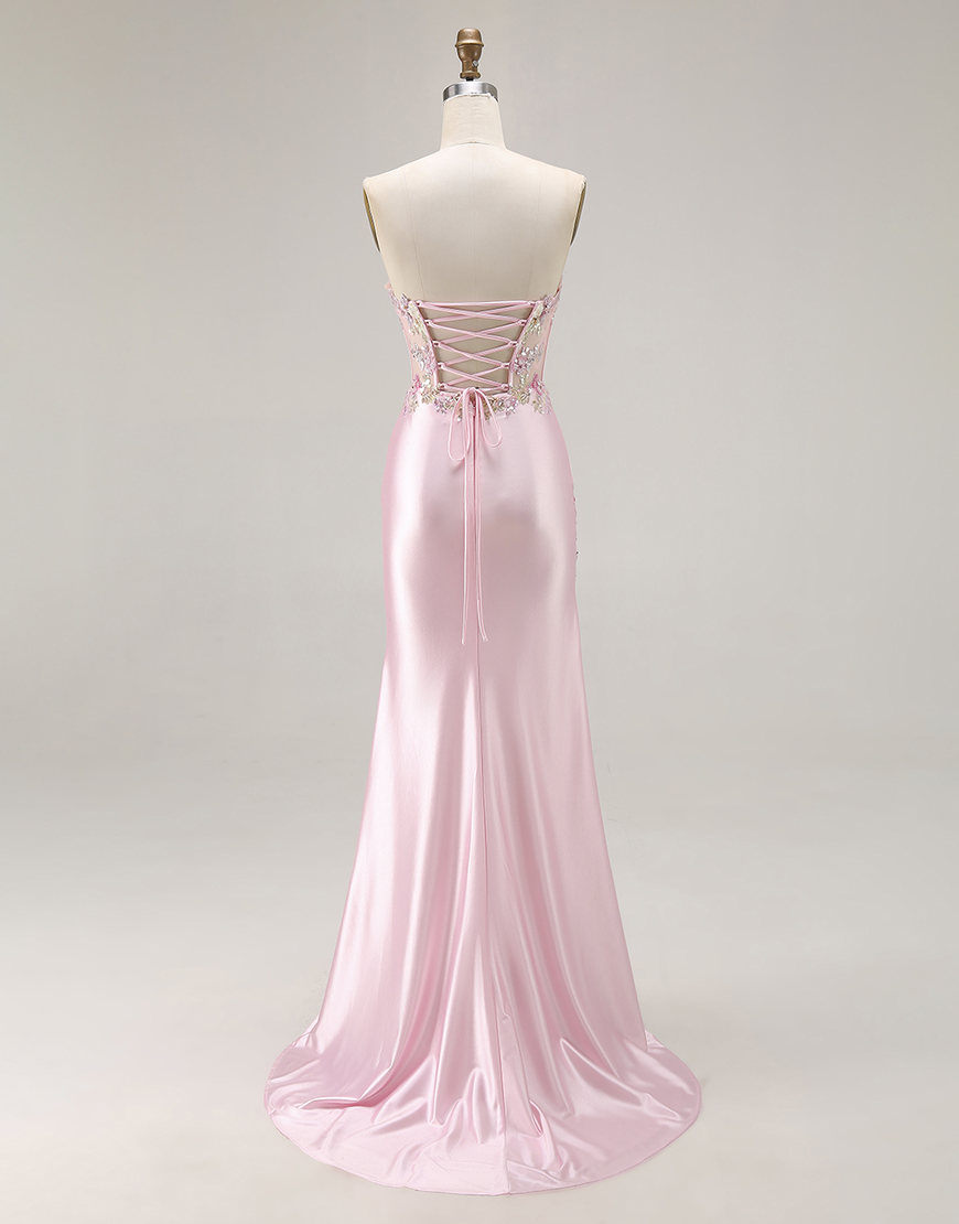 Sparkly Pink Strapless Floral Corset Long Prom Dress with Slit