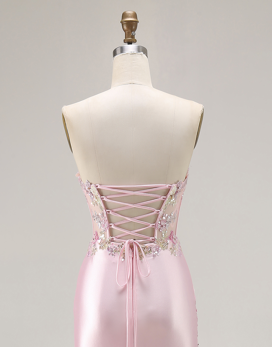 Sparkly Pink Strapless Floral Corset Long Prom Dress with Slit