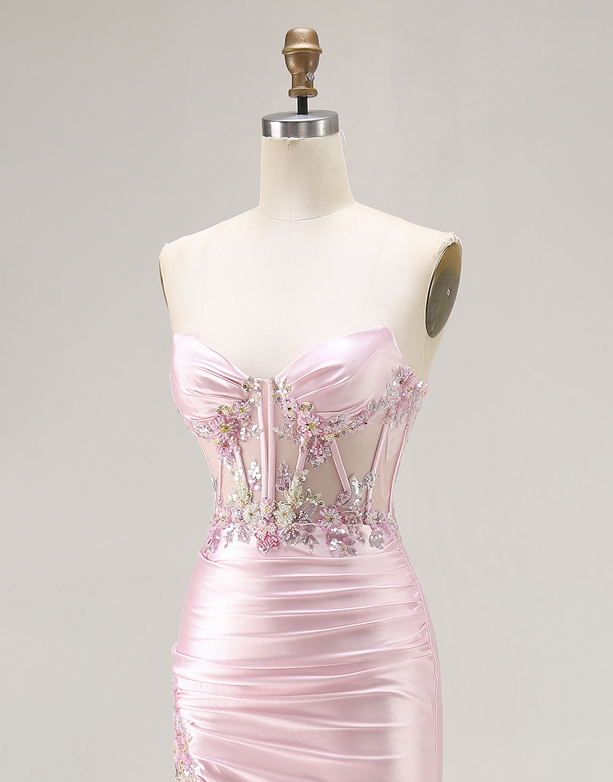 Sparkly Pink Strapless Floral Corset Long Prom Dress with Slit