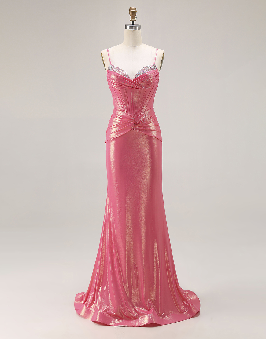 Sparkly Watermelon Metallic Corset Long Prom Dress with Beading
