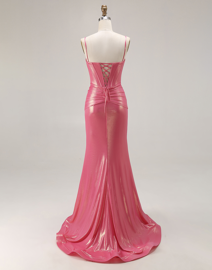 Sparkly Watermelon Metallic Corset Long Prom Dress with Beading
