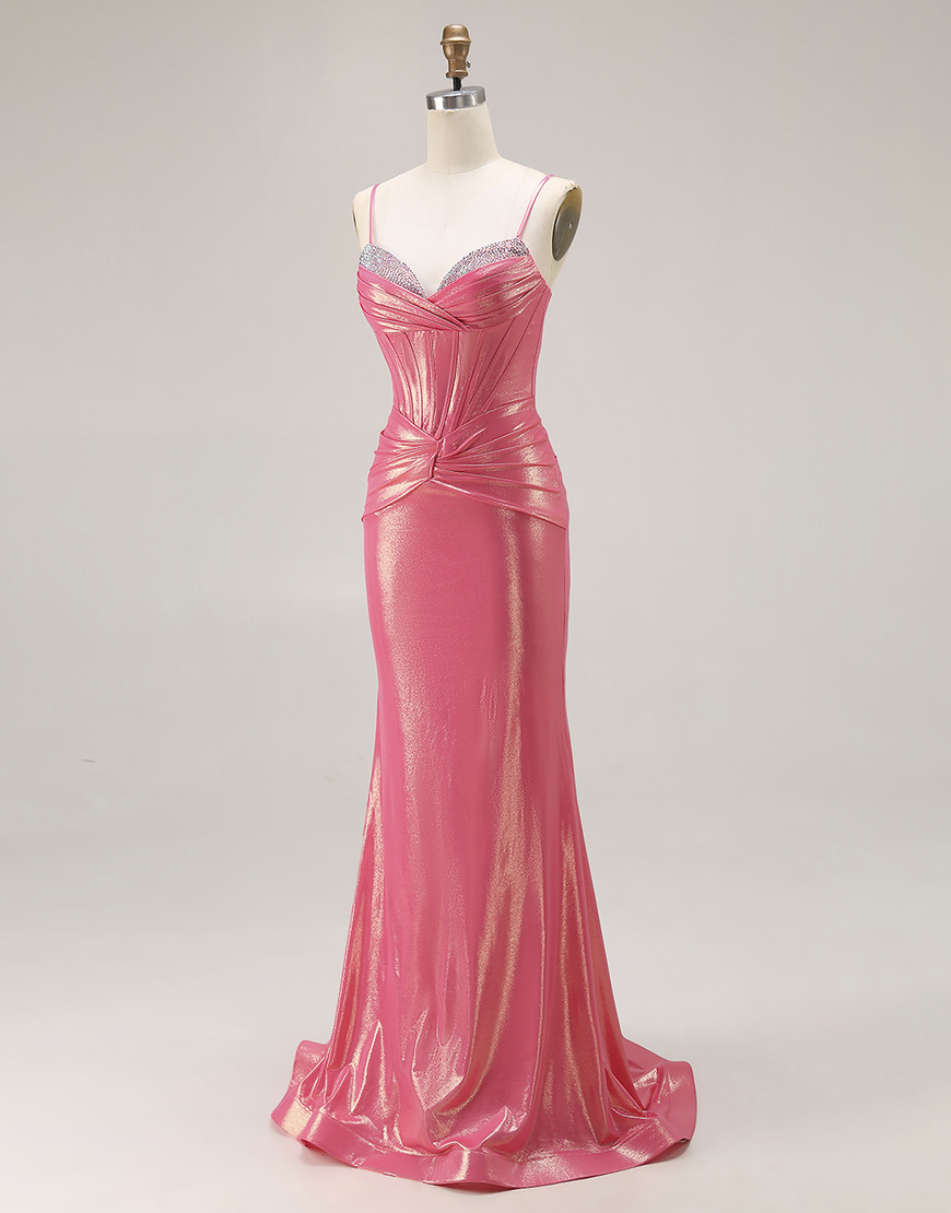 Sparkly Watermelon Metallic Corset Long Prom Dress with Beading