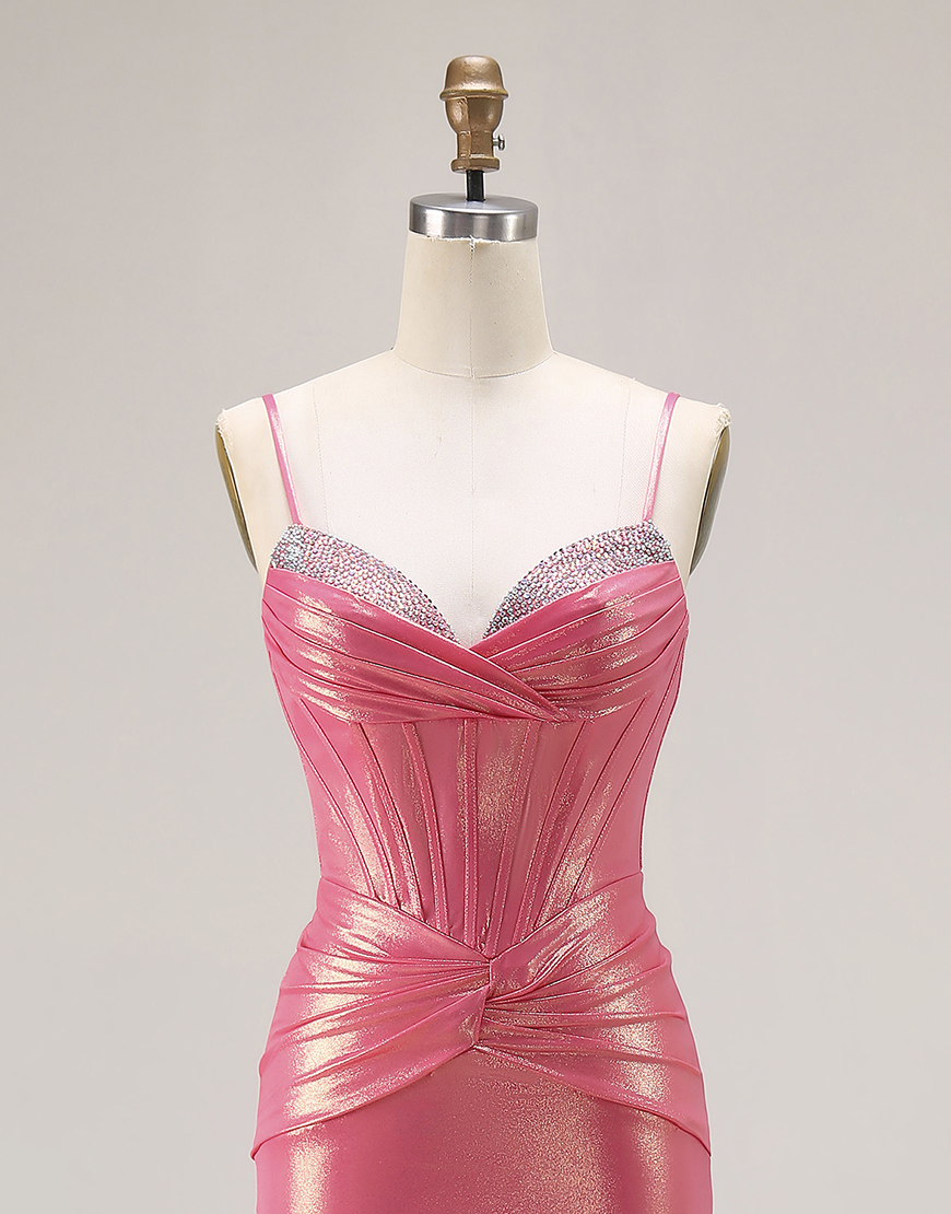 Sparkly Watermelon Metallic Corset Long Prom Dress with Beading