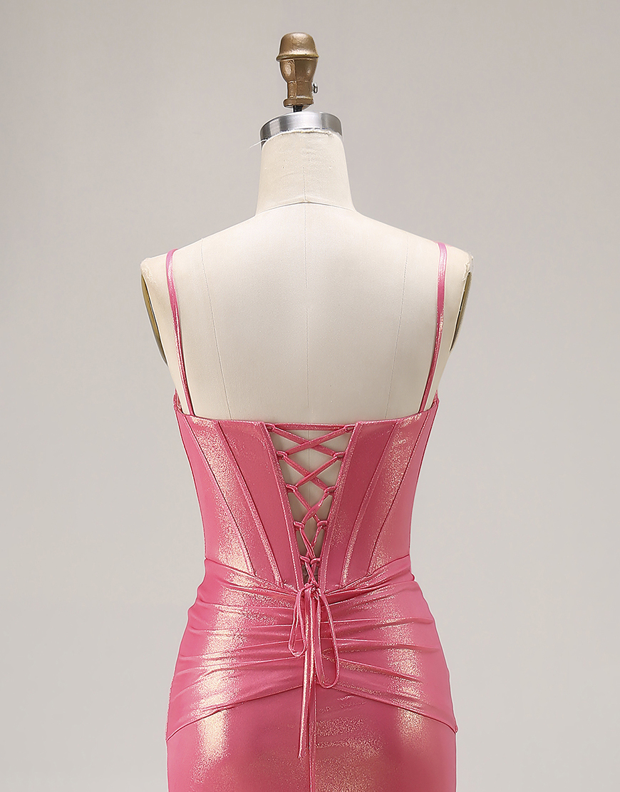 Sparkly Watermelon Metallic Corset Long Prom Dress with Beading