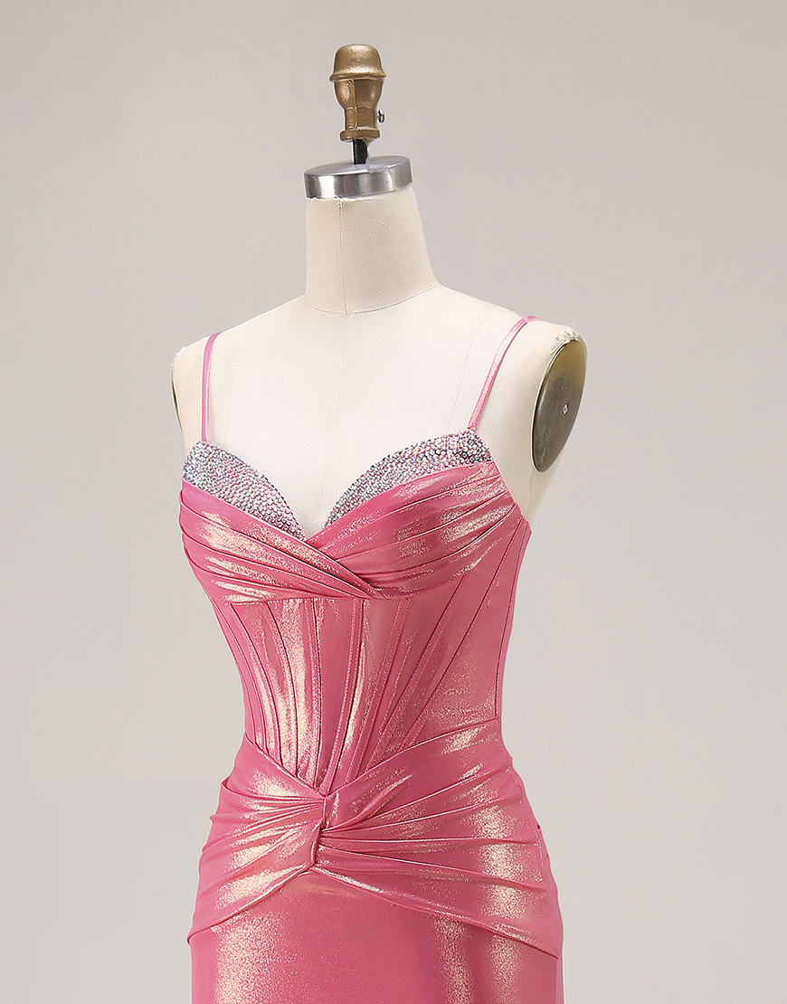 Sparkly Watermelon Metallic Corset Long Prom Dress with Beading