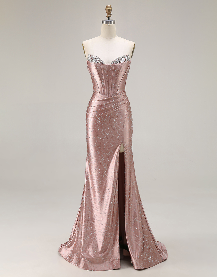 Sparkly Dusty Rose Mermaid Corset Beaded Long Prom Dress with Slit