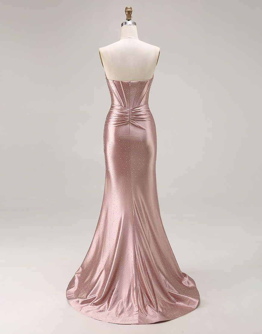 Sparkly Dusty Rose Mermaid Corset Beaded Long Prom Dress with Slit