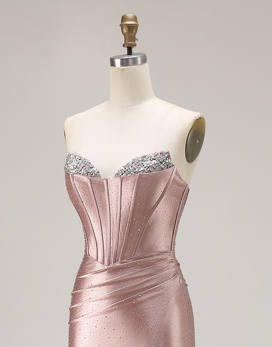 Sparkly Dusty Rose Mermaid Corset Beaded Long Prom Dress with Slit