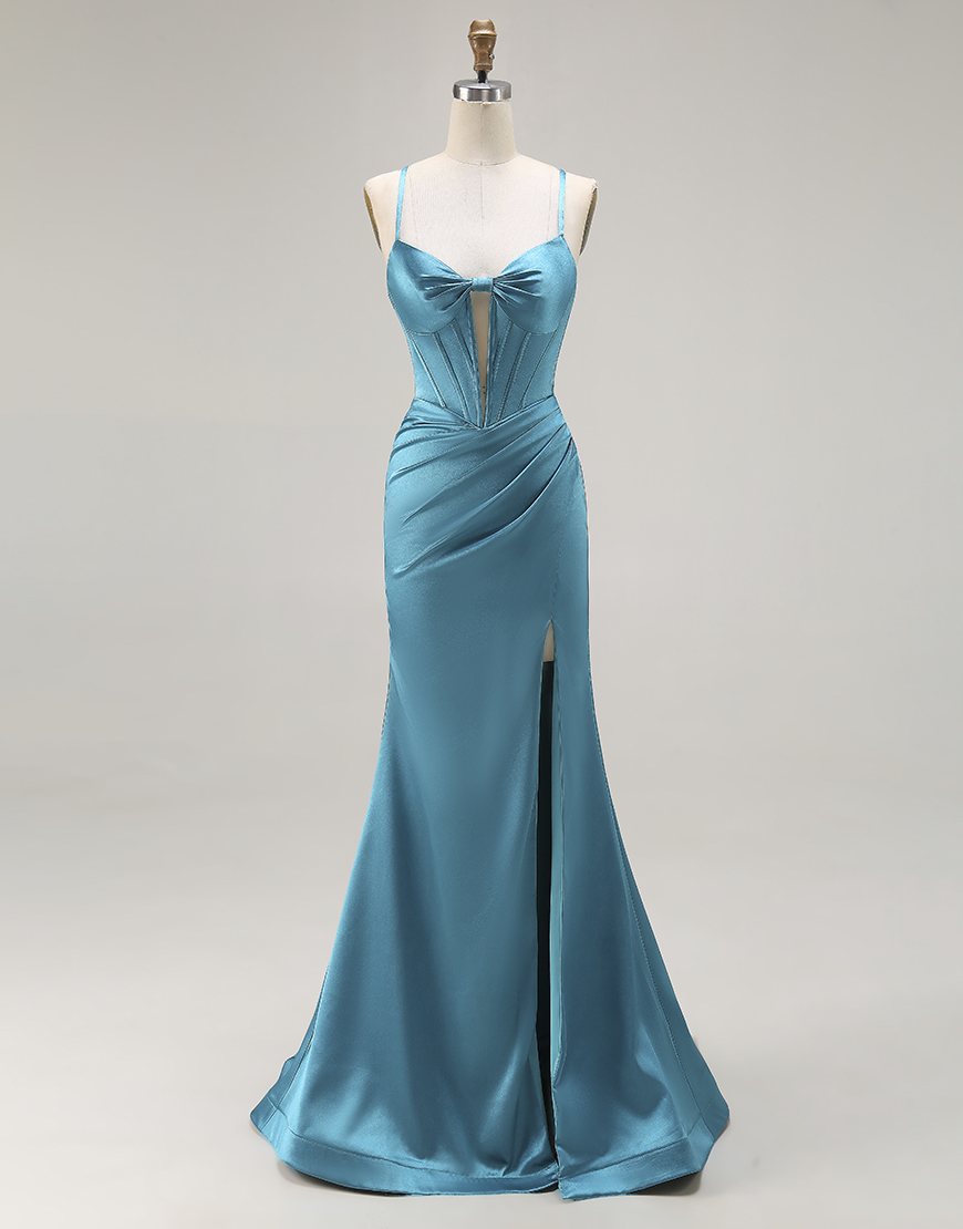 Peacock Blue Satin Mermaid Long Corset Prom Dress with Slit