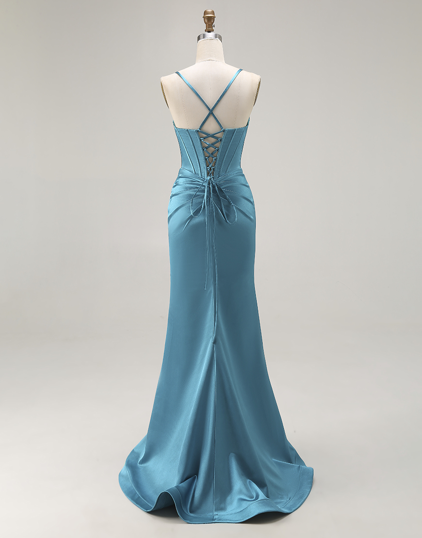 Peacock Blue Satin Mermaid Long Corset Prom Dress with Slit