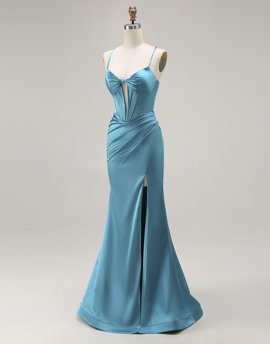 Peacock Blue Satin Mermaid Long Corset Prom Dress with Slit