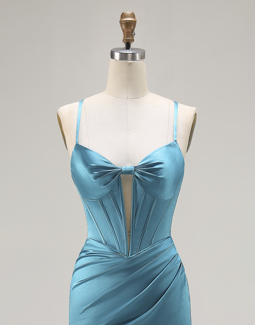 Peacock Blue Satin Mermaid Long Corset Prom Dress with Slit