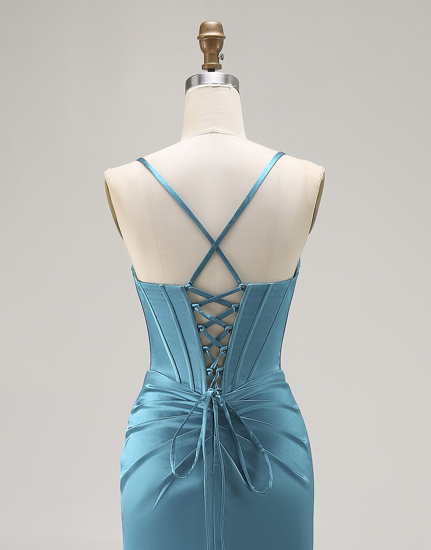 Peacock Blue Satin Mermaid Long Corset Prom Dress with Slit
