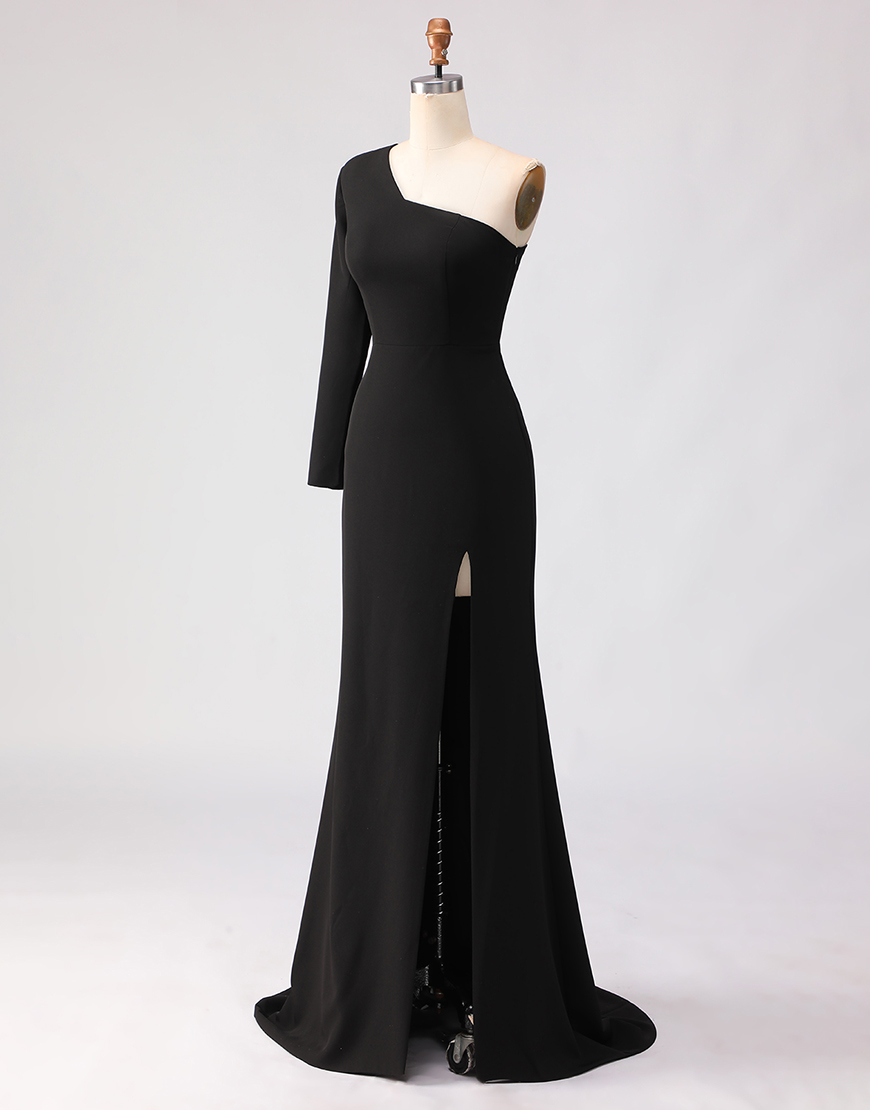 Black One Shoulder Sheath Long Mother of the Bride Dress with Slit