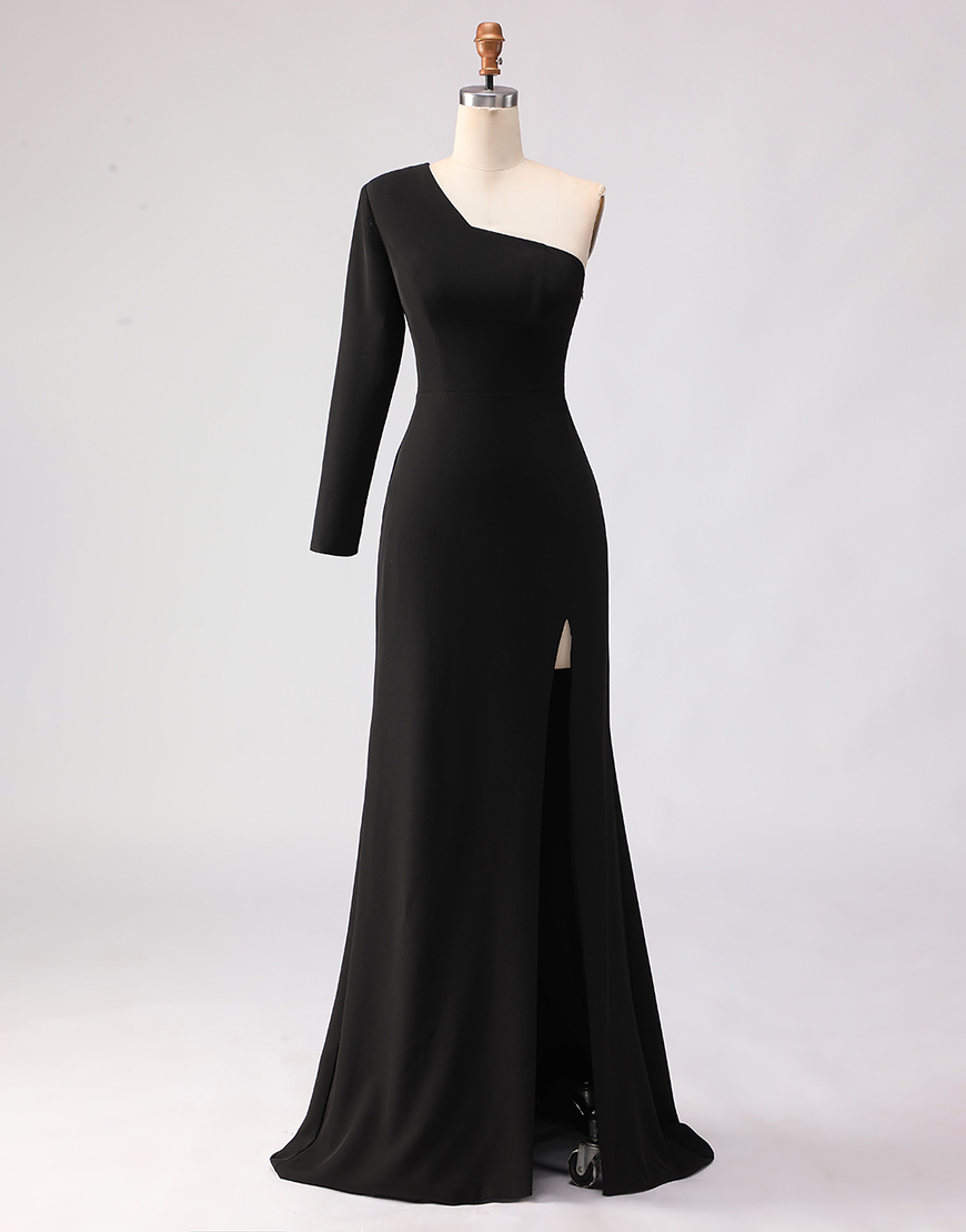 Black One Shoulder Sheath Long Mother of the Bride Dress with Slit