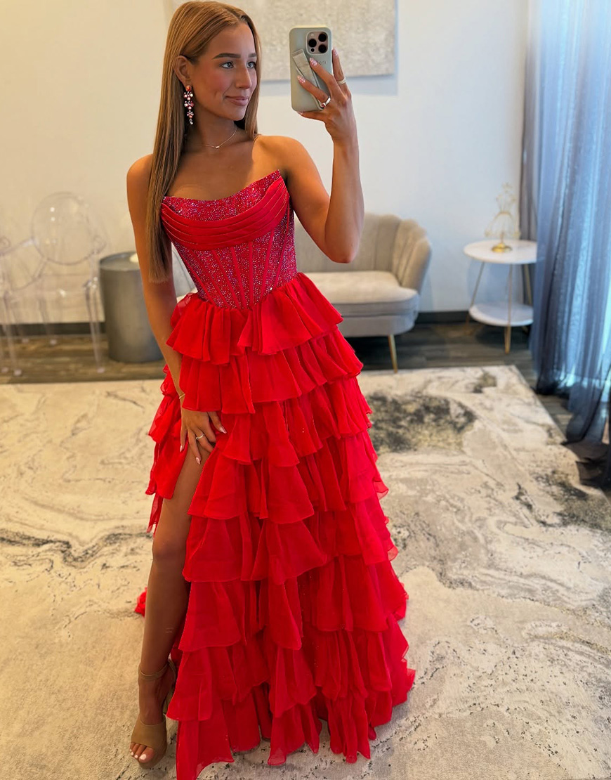 Sparkly Royal Blue A-Line Strapless Ruffles Long Corset Prom Dress with Beading