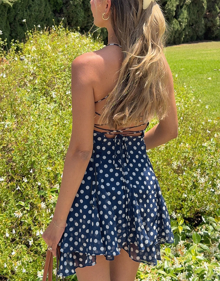 Navy Polka Dots A Line Tiered Mini Dress with Ruffles
