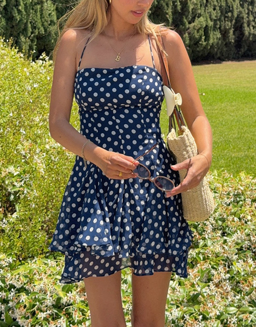 Navy Polka Dots A Line Tiered Mini Dress with Ruffles