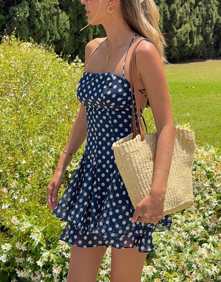 Navy Polka Dots A Line Tiered Mini Dress with Ruffles