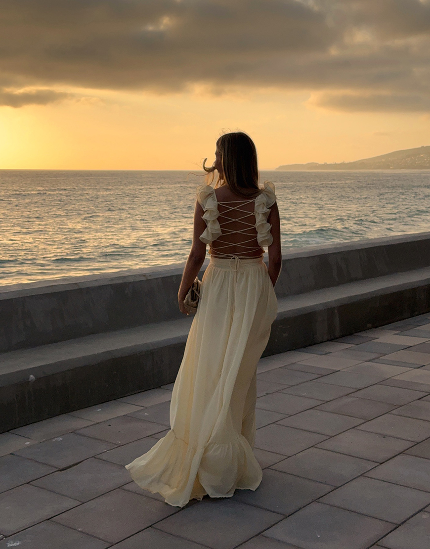 Yellow A Line V-Neck Maxi Dress with Ruffles