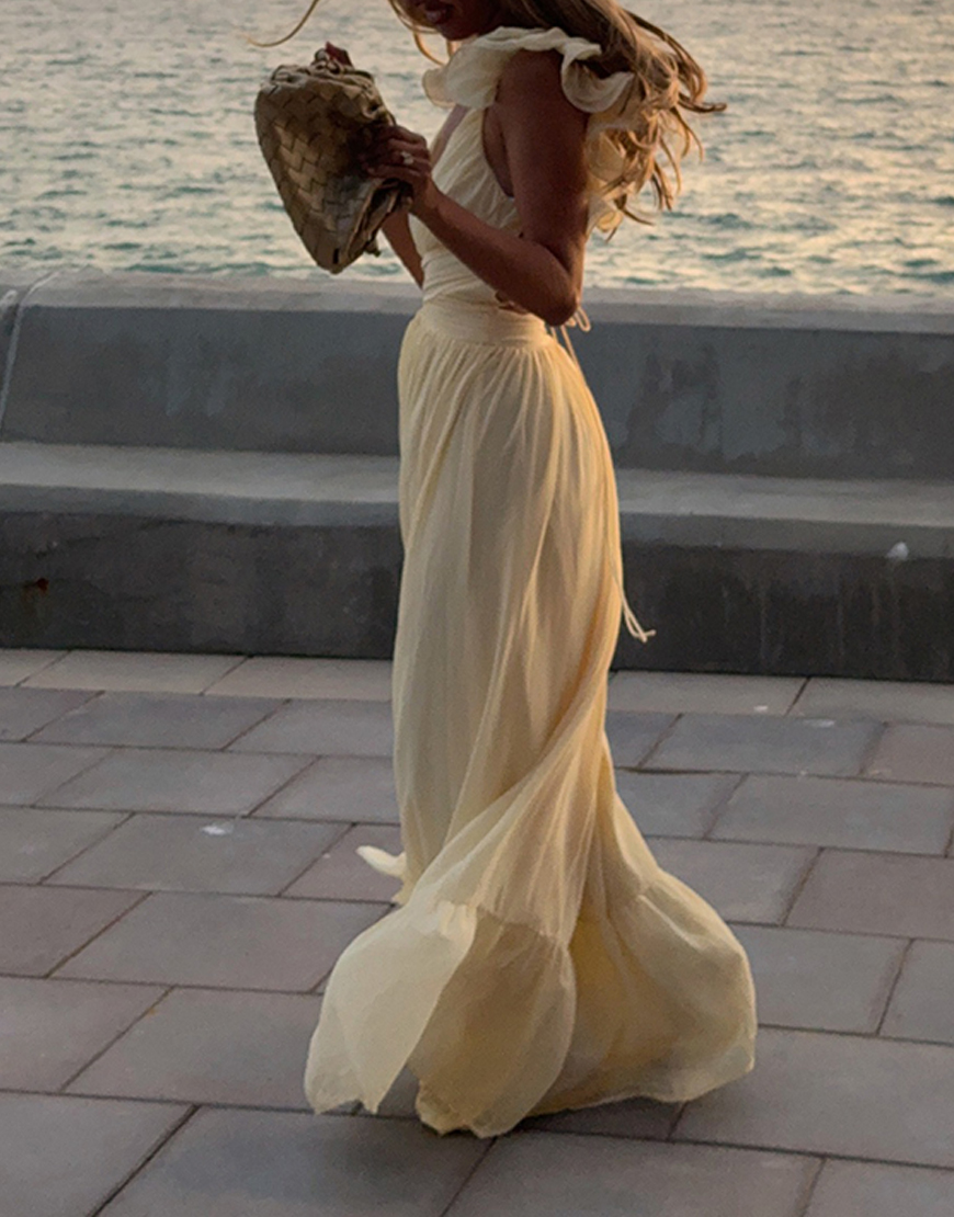 Yellow A Line V-Neck Maxi Dress with Ruffles