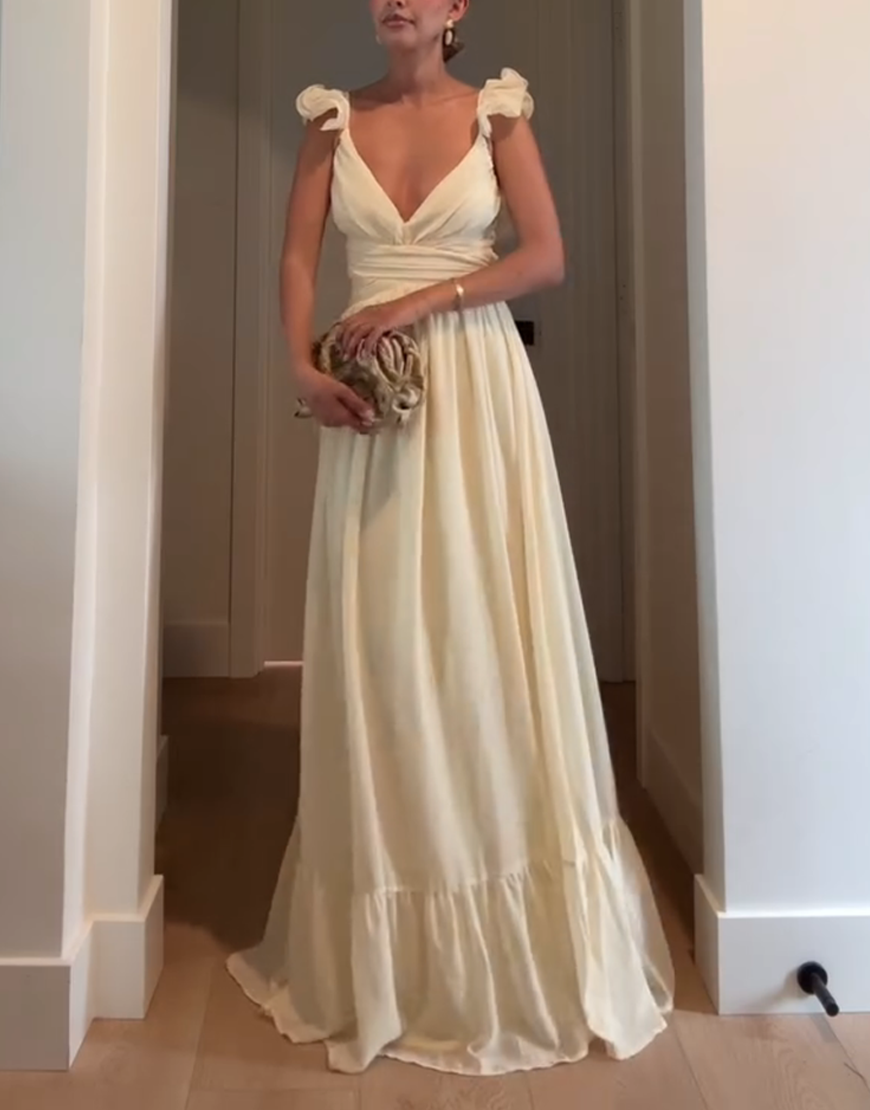 Yellow Sheath V-Neck Ruffled Maxi Dress