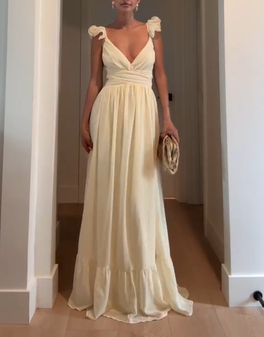 Yellow Sheath V-Neck Ruffled Maxi Dress